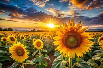 Obraz premium Captivating Sunrise Over a Golden Field of Sunflowers Gently Swaying in the Morning Breeze, Embracing the Tranquility of Nature and the Start of a New Day