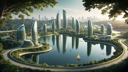 A city-shaped lake in the middle of a lush forest as a metaphor for eco-friendly urbanism and modern green living in general, Generative.ai