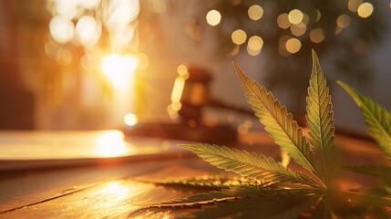 Close-up of a cannabis leaf on a wooden table with blurred legal documents and a gavel in the background. Legislation,regulation,policy,controversy,medical,drug,illegal,prohibition,reform,society,AI