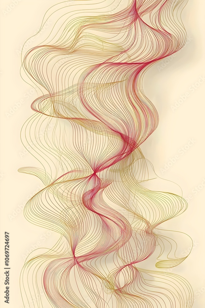 Aufkleber an abstract design featuring fluid, swirling lines in warm tones of red and gold against a soft beig