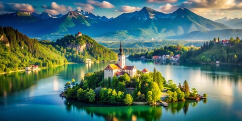 Obraz premium Captivating Tilt-Shift Photography of Bled, Slovenia: A Miniature Wonderland with Lake, Castle, and Alpine Scenery