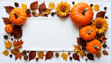 Autumn harvest frame with pumpkins, sunflowers, and leaves on white background