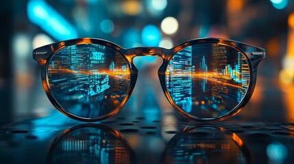 Ultra high definition close-up shots display charts and SEO search engine graphics on technical glasses, with a background of blurry images and saturated colors in a high-tech environment