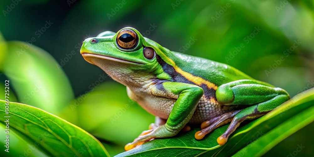 Poster captivating tree frog staring intently in a lush green environment with vibrant colors and ample cop