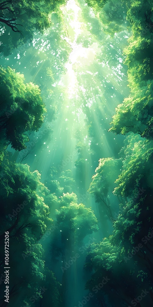 Poster a serene and enchanting forest viewed from below, with lush green trees reaching towards bright rays