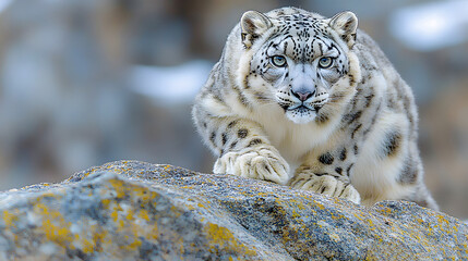 Fototapeta premium Snow leopard gracefully perched on a rocky ledge, snow-capped mountains in the background