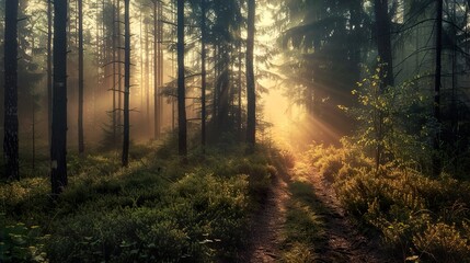 Obraz premium Sunbeams Through Misty Forest Path: A Tranquil Woodland Scene