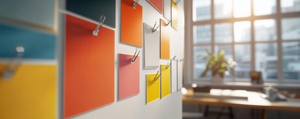 Fototapeta premium Office wall with pinned paint color samples and notes, bright daylight, high detail, realistic workspace for design