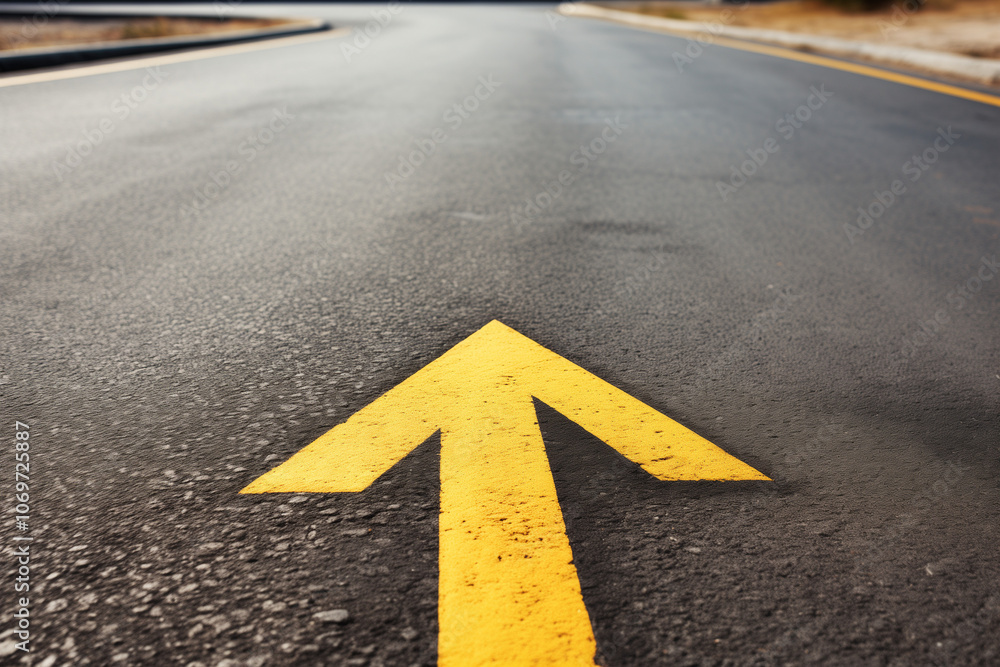 Poster asphalt with a yellow arrow sign pointing to the upper right. tarmac road with an arrow pointing to 