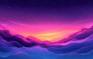 A stunning digital artwork featuring a gradient of violet, pink, and blue hues, creating a serene landscape of rolling hills beneath a starry sky at dusk.