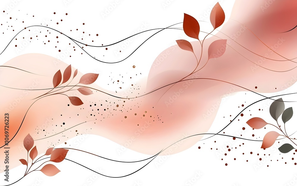 Poster An elegant abstract design featuring soft waves of warm colors and delicate leafy accents, creating a tranquil and artistic atmosphere.