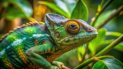 Obraz premium camouflaged chameleon blending into jungle foliage