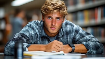 Student using a dictionary and grammar guide in a cozy library corner, warm and inviting atmosphere