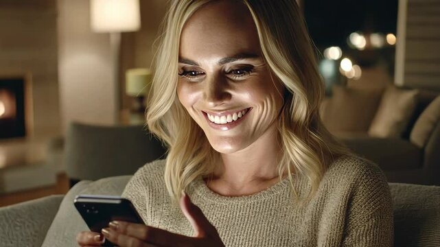 A woman smiles as she reads a text message on her phone while sitting on a couch in her living room