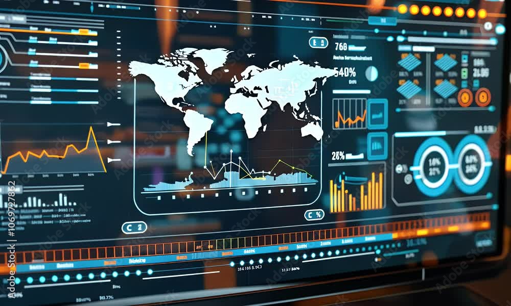 Poster futuristic digital screen displaying financial data and graphs, highlighting the importance of user 