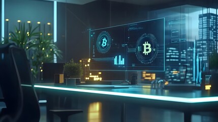 Fototapeta premium Explore cryptocurrency trends with gujaba ar hologram in a digital office