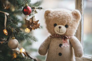 Bear doll holding present and Christmas tree.