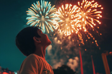 Children looks beautiful colorful holiday fireworks in the evening sky.