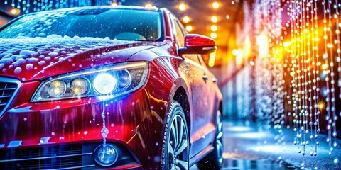 Close-up of a Car in a Car Wash with Vibrant Soapy Foam, Ideal for an Eye-catching Advertising Banner in Automotive Marketing and Promotional Campaigns