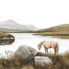 Obraz premium Watercolor Illustration of a Horse by a Mountain Lake.