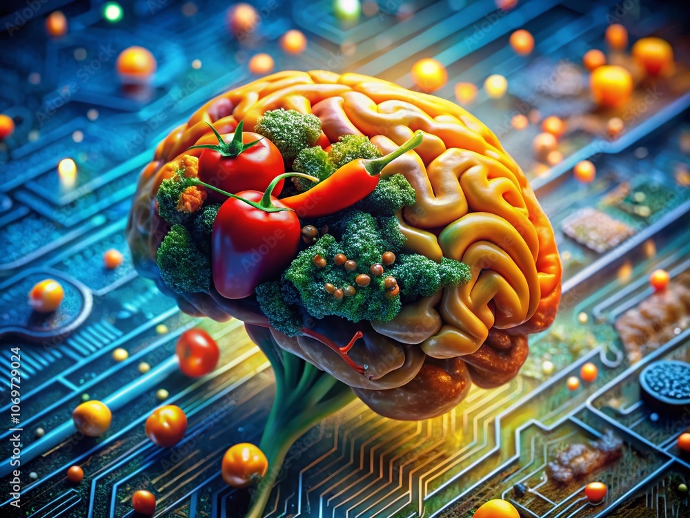Poster close-up of a human brain merging with advanced technology, showcasing neural connections and digita
