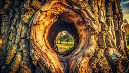 Close-Up of a Hollow in the Bark of a Large Tree Showcasing Vintage Style Photography, Highlighting Textures and Natural Beauty in Nature's Artwork