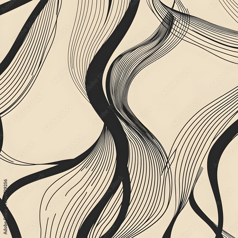 Poster an abstract pattern featuring fluid, flowing black lines on a soft beige background, creating a sens