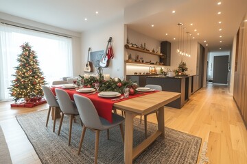 Modern minimalist dining room set for Christmas dinner, red tablecloth, white plates, decorated Christmas tree, guitar, natural light, warm palette