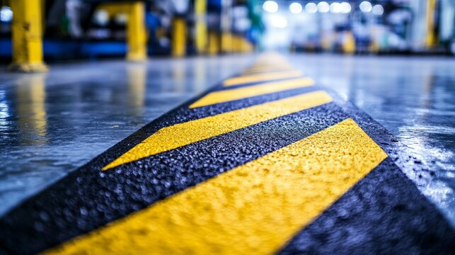 Yellow-black signal strip at the factory Floor painting for worker safety Allocation of hazardous areas Safety in a factory or factory Macro photo