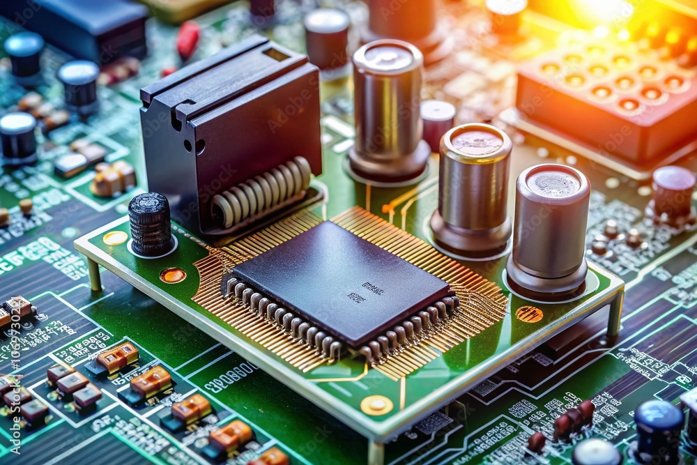 Poster close-up of integrated circuit components including capacitor, resistor, coil, and diode on a printe