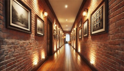 Fototapeta premium A brick-lined hallway with warm hardwood floors, giving the space a cozy and inviting feel