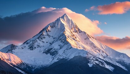Majestic snow-capped mountain peak at sunrise with dramatic clouds and soft lighting