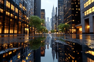 Fototapeta premium An ultra-realistic view of a city at dusk with skyscrapers, reflections in the windows, and detailed textures of streets