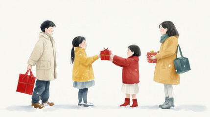 Fototapeta premium family joyfully exchanges gifts in snowy setting, capturing warm spirit of giving. children, dressed in winter coats, share presents with smiles, embodying holiday cheer