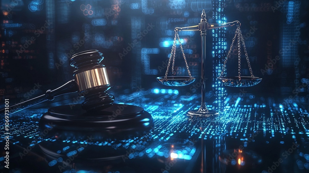 Aufkleber conceptual digital law illustration with glowing gavel and scales over binary code, symbolizing tech
