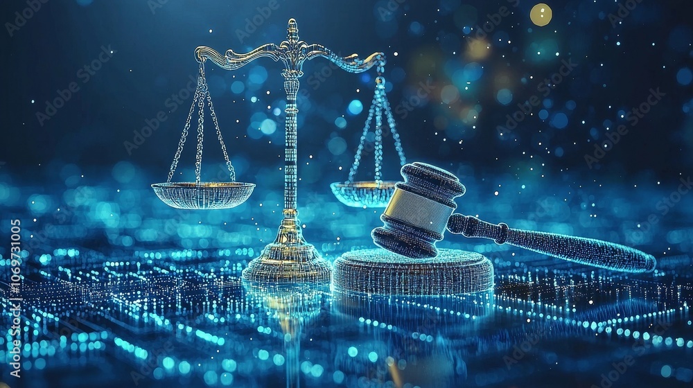 Poster conceptual digital law illustration with glowing gavel and scales over binary code, symbolizing tech
