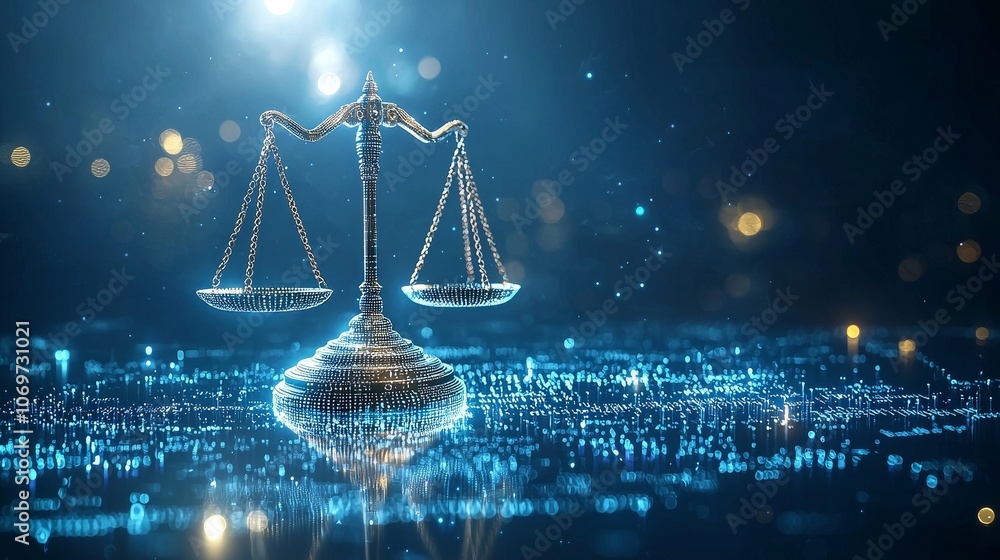 Aufkleber conceptual digital law illustration with glowing gavel and scales over binary code, symbolizing tech