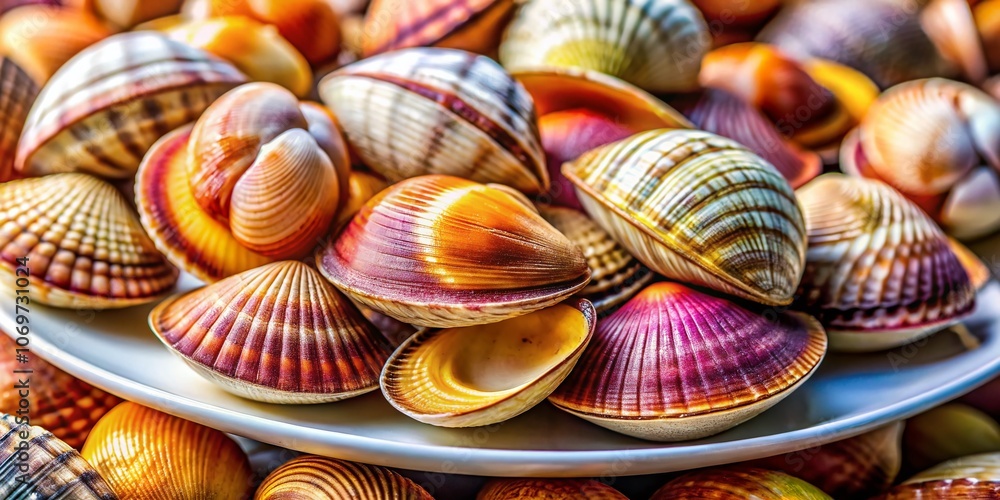 Poster close-up panoramic view of empty clam shells on a plate after a delicious seafood meal, capturing th