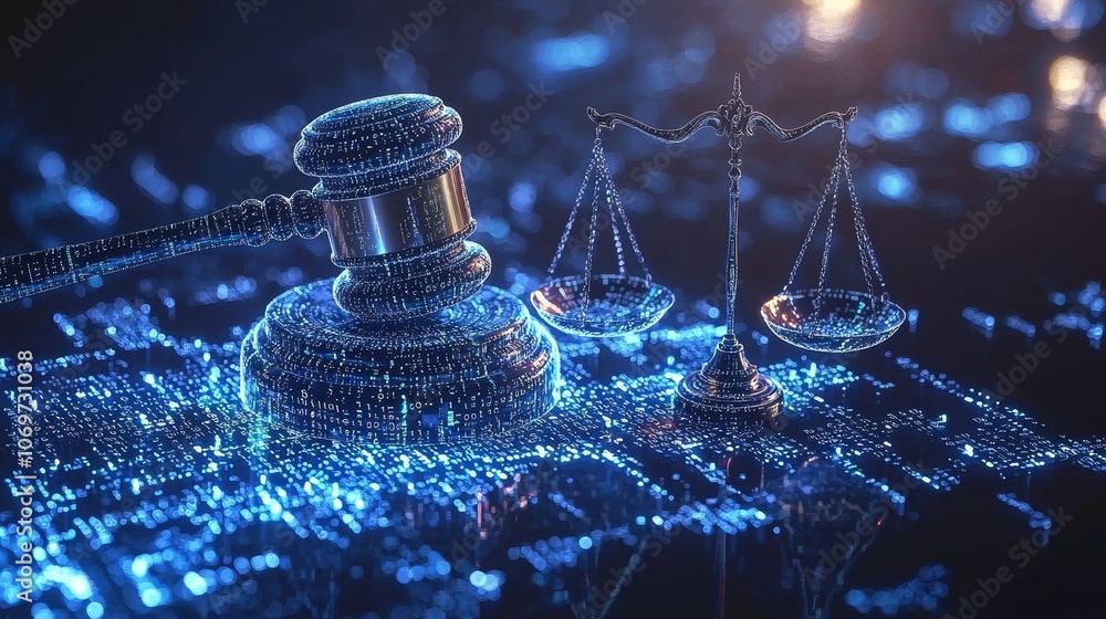 Poster conceptual digital law illustration with glowing gavel and scales over binary code, symbolizing tech