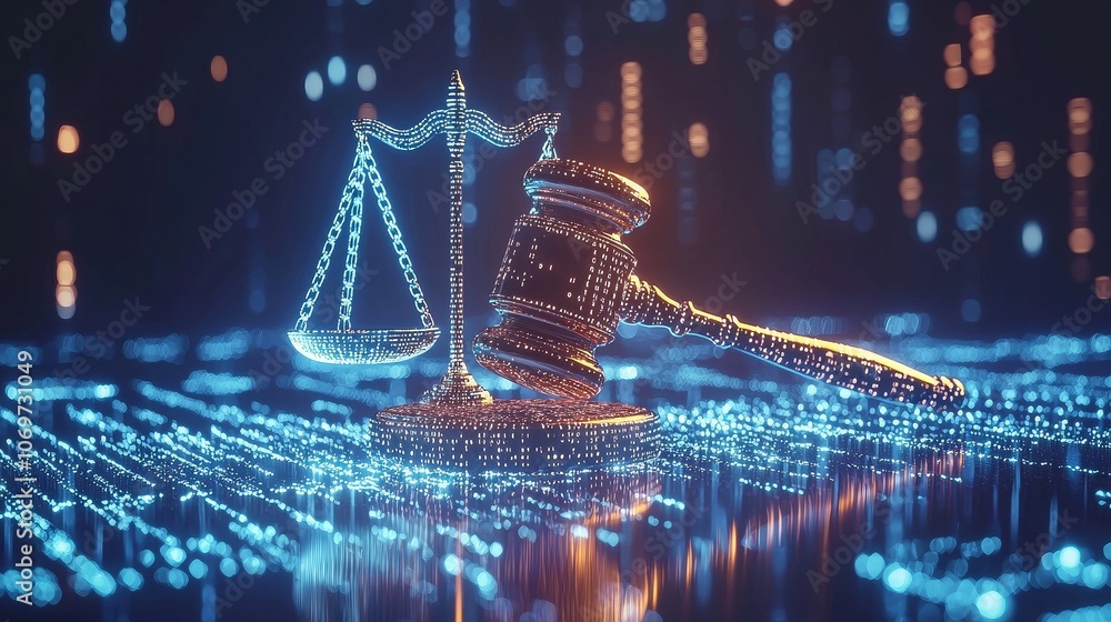 Poster conceptual digital law illustration with glowing gavel and scales over binary code, symbolizing tech