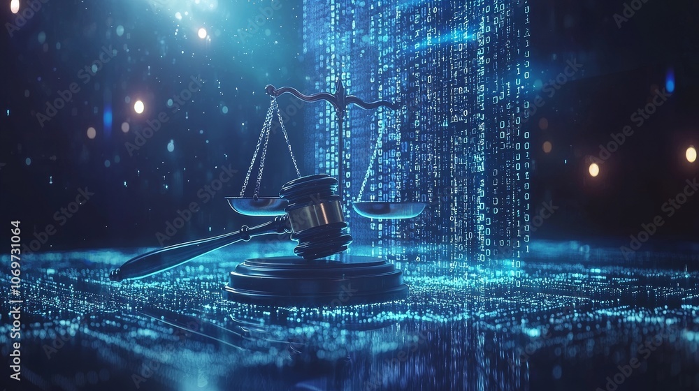 Poster conceptual digital law illustration with glowing gavel and scales over binary code, symbolizing tech