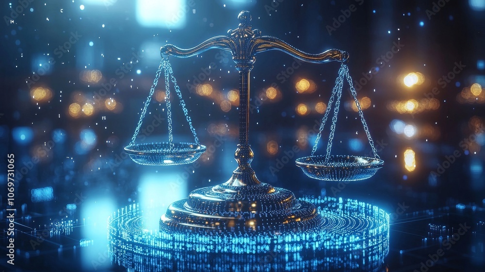 Poster conceptual digital law illustration with glowing gavel and scales over binary code, symbolizing tech