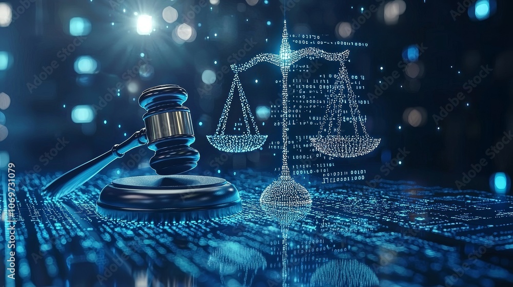 Poster conceptual digital law illustration with glowing gavel and scales over binary code, symbolizing tech