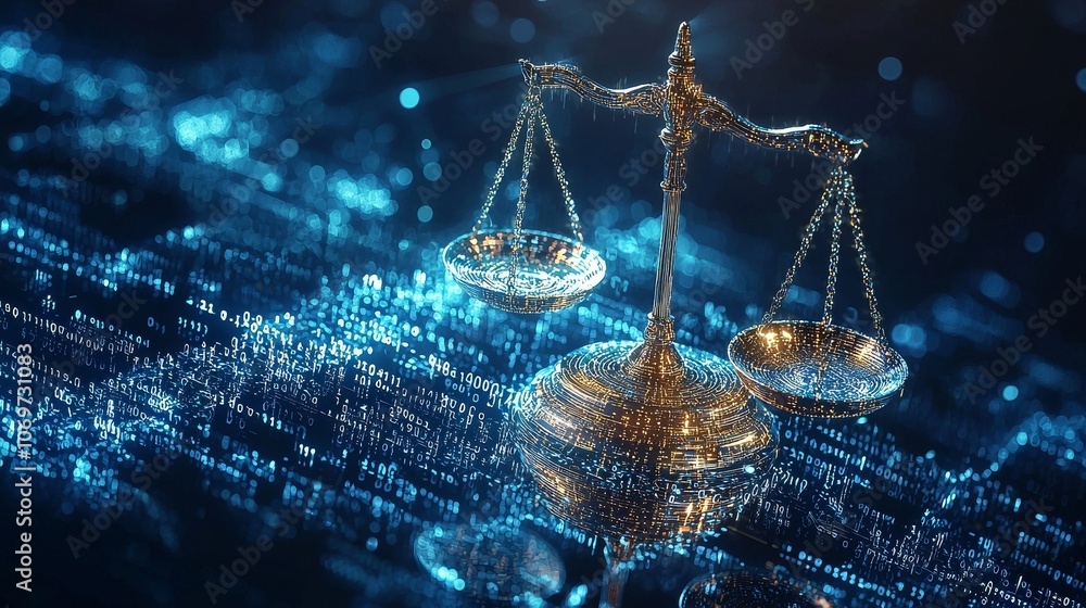 Poster conceptual digital law illustration with glowing gavel and scales over binary code, symbolizing tech