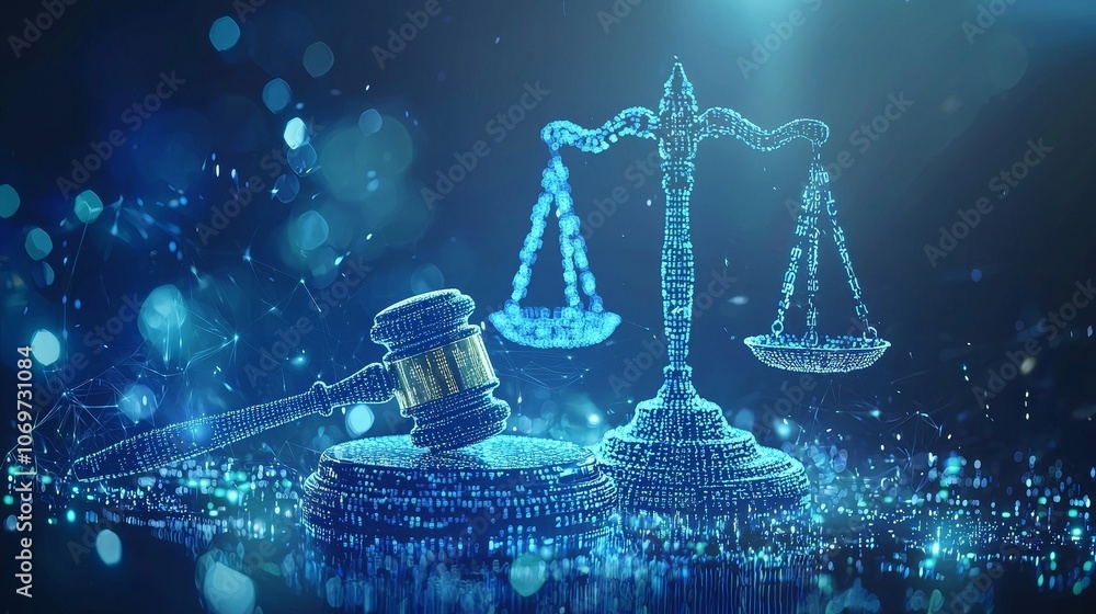 Aufkleber conceptual digital law illustration with glowing gavel and scales over binary code, symbolizing tech
