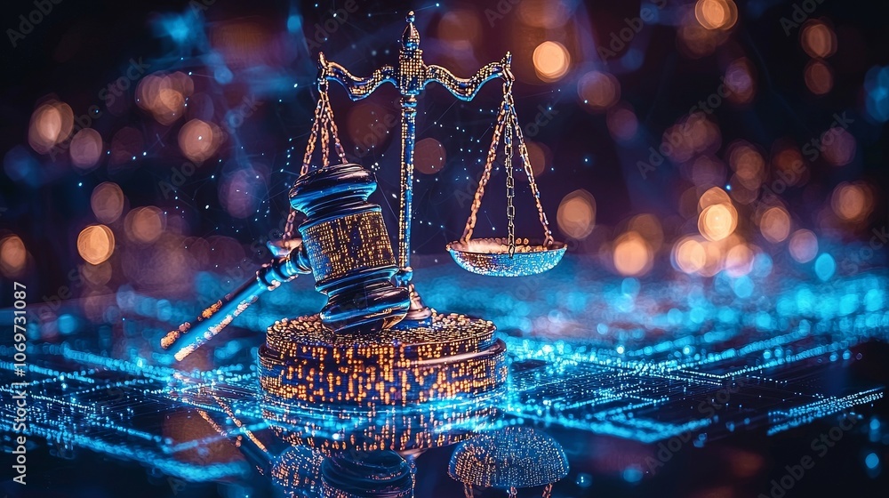 Poster conceptual digital law illustration with glowing gavel and scales over binary code, symbolizing tech