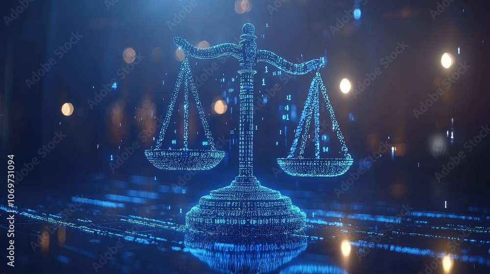 Aufkleber conceptual digital law illustration with glowing gavel and scales over binary code, symbolizing tech
