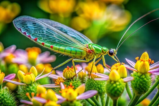 Close-Up Panoramic View of Green Lacewing Chrysoperla carnea Feeding on Pollen Surrounded by Vibrant Flora, Highlighting Its Delicate Features and Natural Habitat