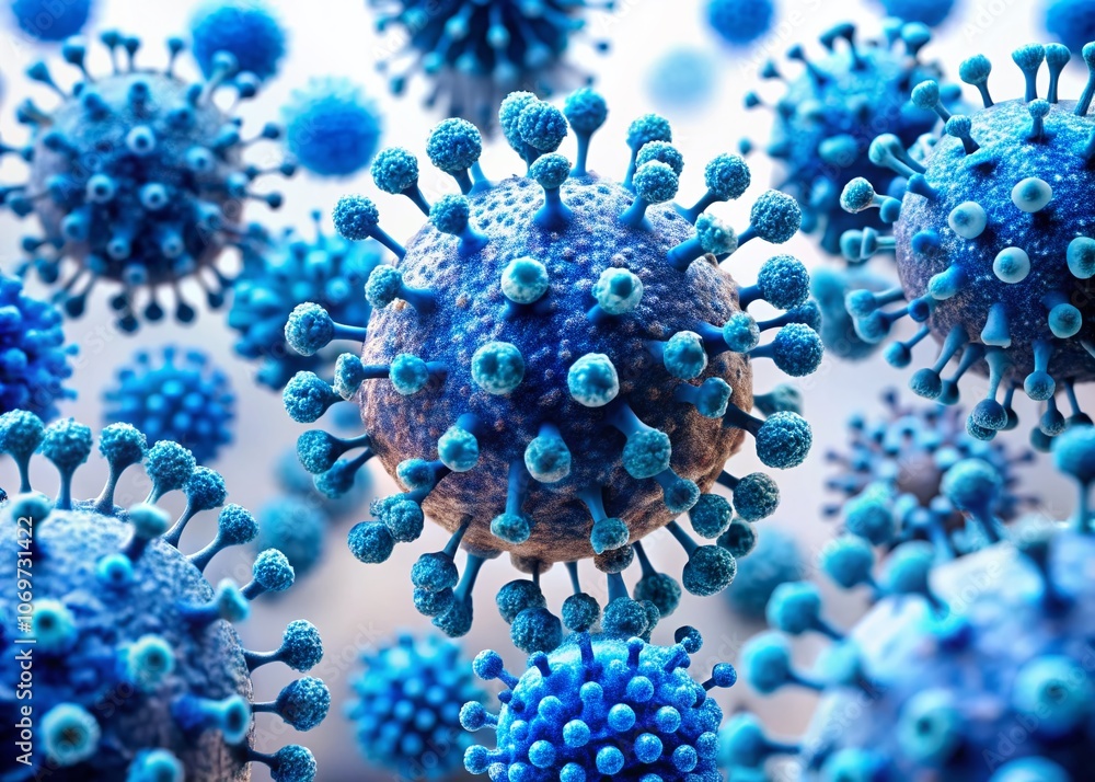 Poster close-up view of blue virus particles with intricate molecular structures on a white surface, highli