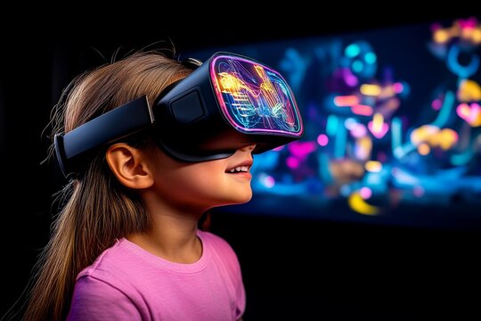 Children in a high-tech virtual playground with holographic games and interactive neon graphics